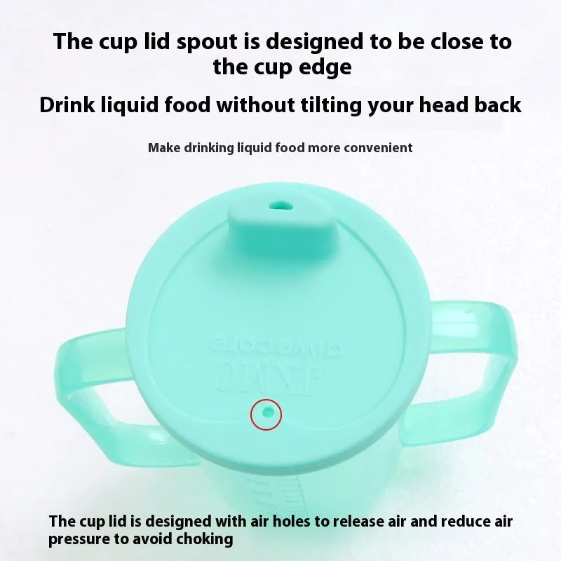 Oblique mouth choke-proof drinking cup for elderly and pregnant users in bed, with optional wrist splint handle.