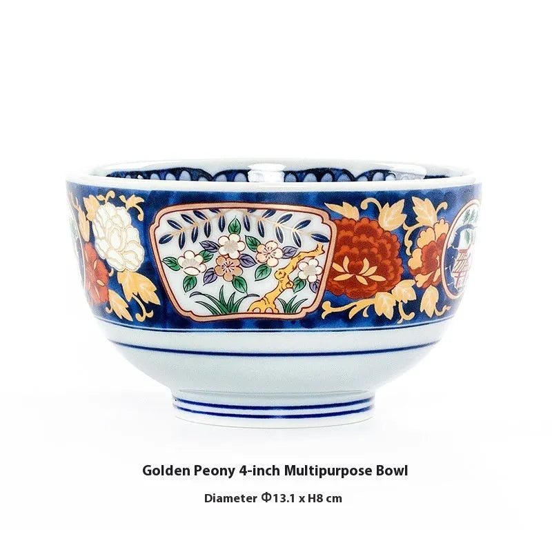 Japanese retro ceramic 4-inch bowl with peony pattern and underglaze finish