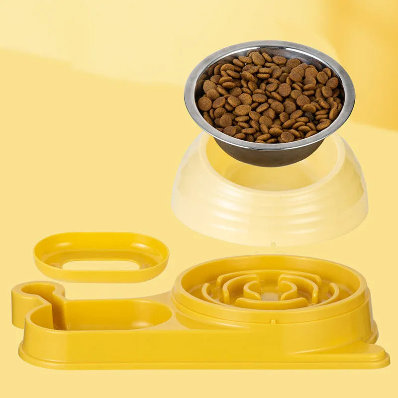 Brown elevated cat food bowl with automatic water dispenser bottle