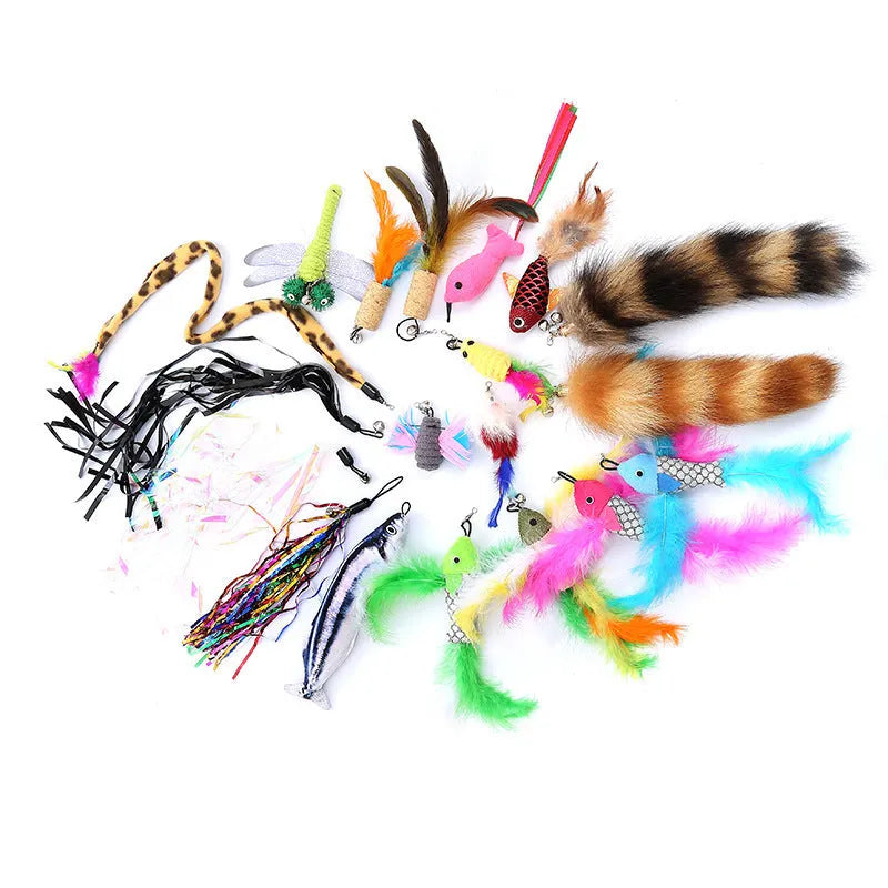 Three-section cat fishing rod with feather teaser and ten replacement heads in packaging