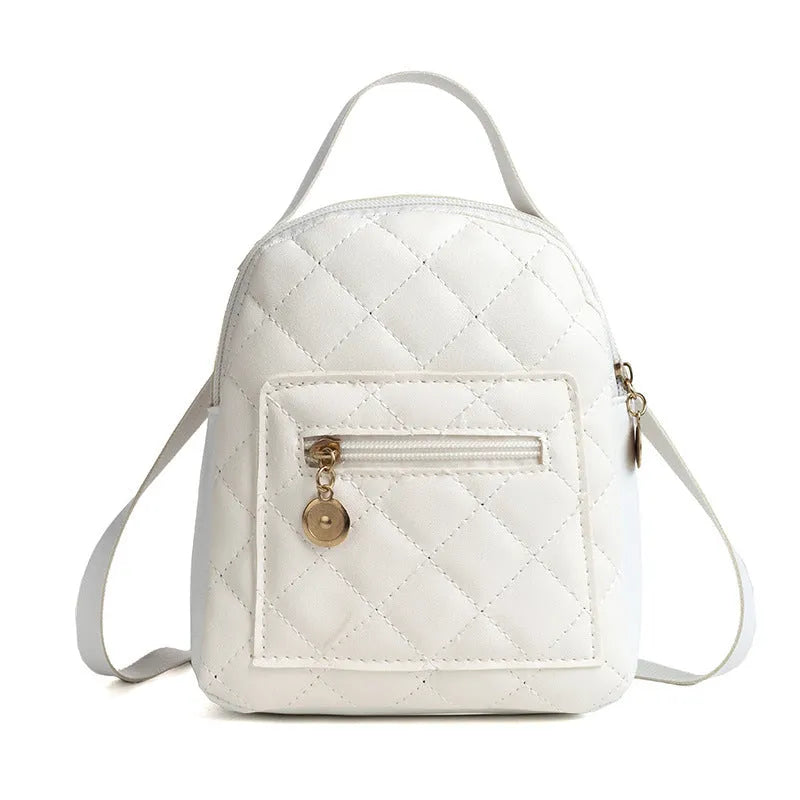 Girls' Korean style embroidered backpack in hard PU measuring 16x7x19cm in black, white or pink