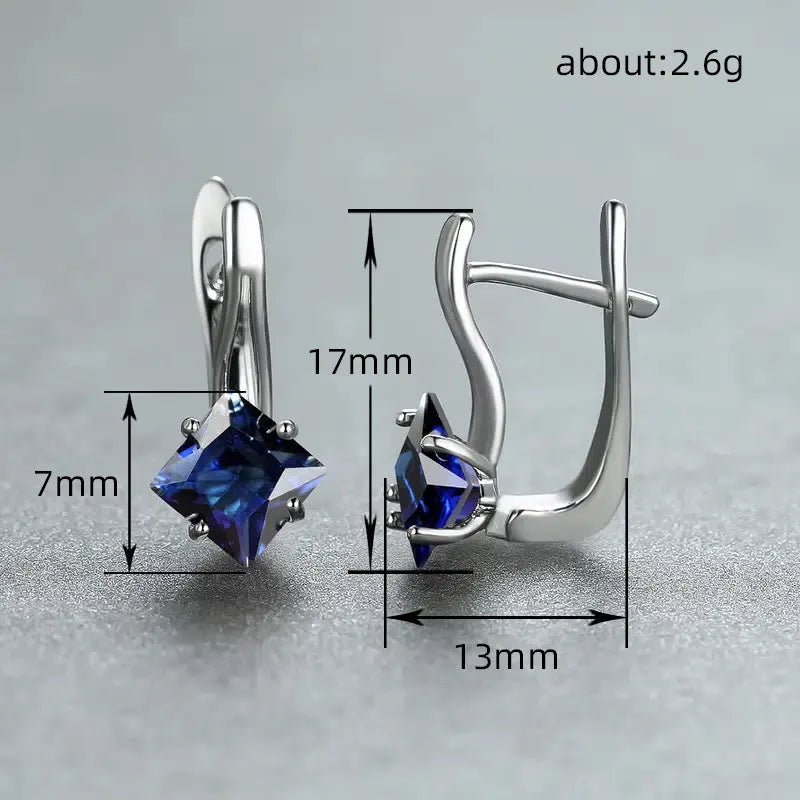 Copper earrings with zircon diamond design in blue, green and colour variations
