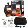 Foxwell NT510 orange and black automotive diagnostic scanner with OBD2 data cable.