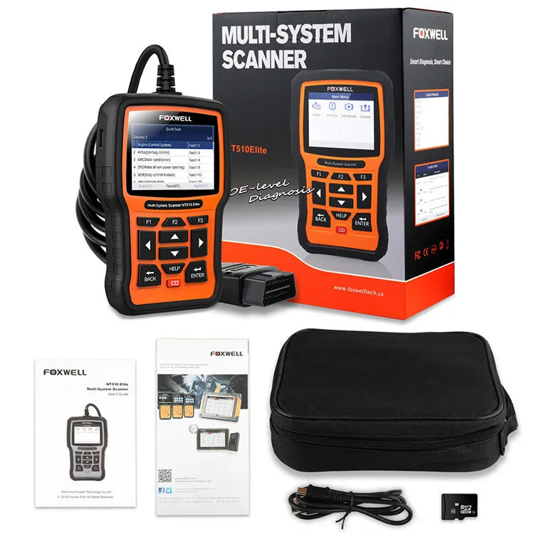 Foxwell NT510 orange and black automotive diagnostic scanner with OBD2 data cable.