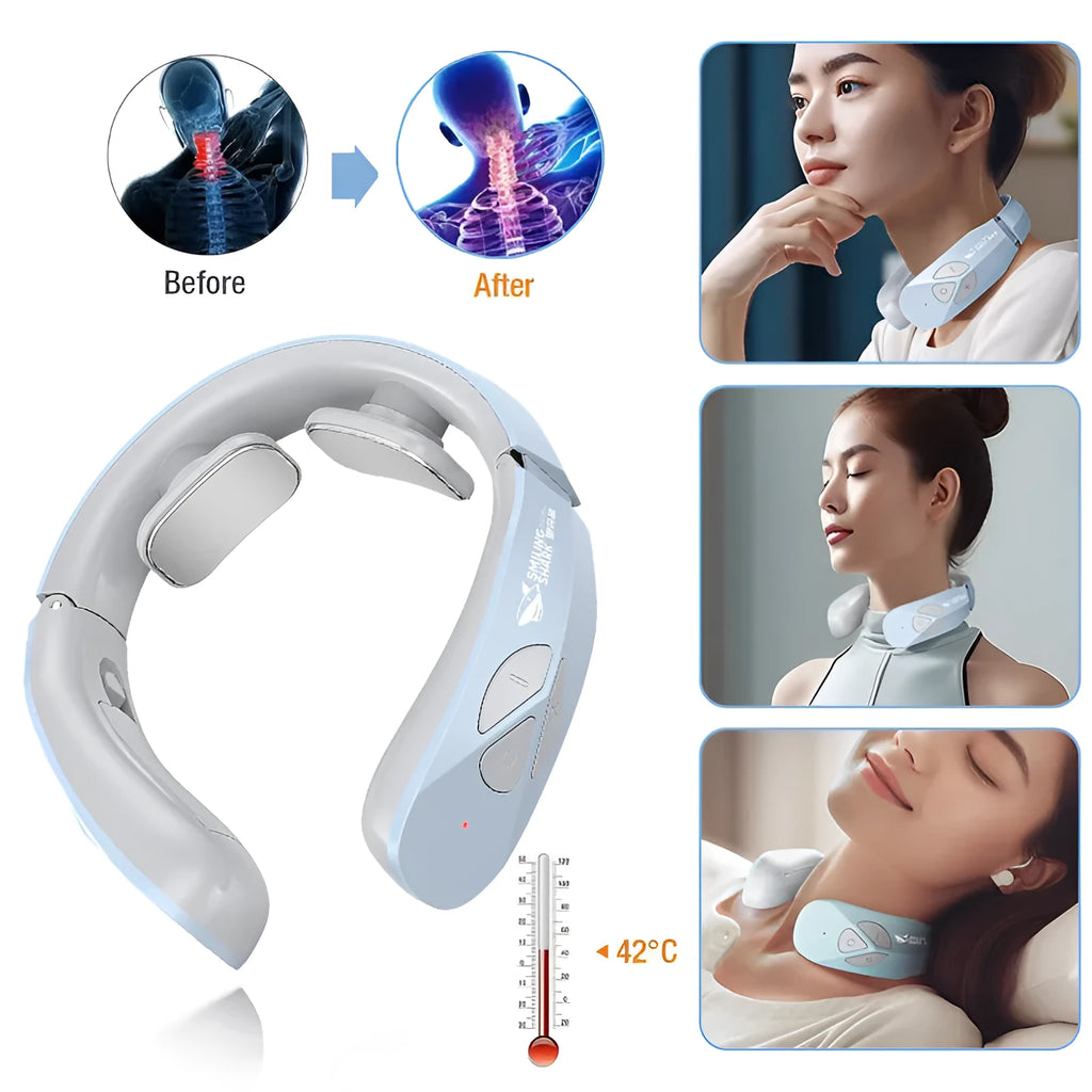 Electric neck massager EMS pulse rechargeable USB cervical traction therapy with heating function in Lake Blue B