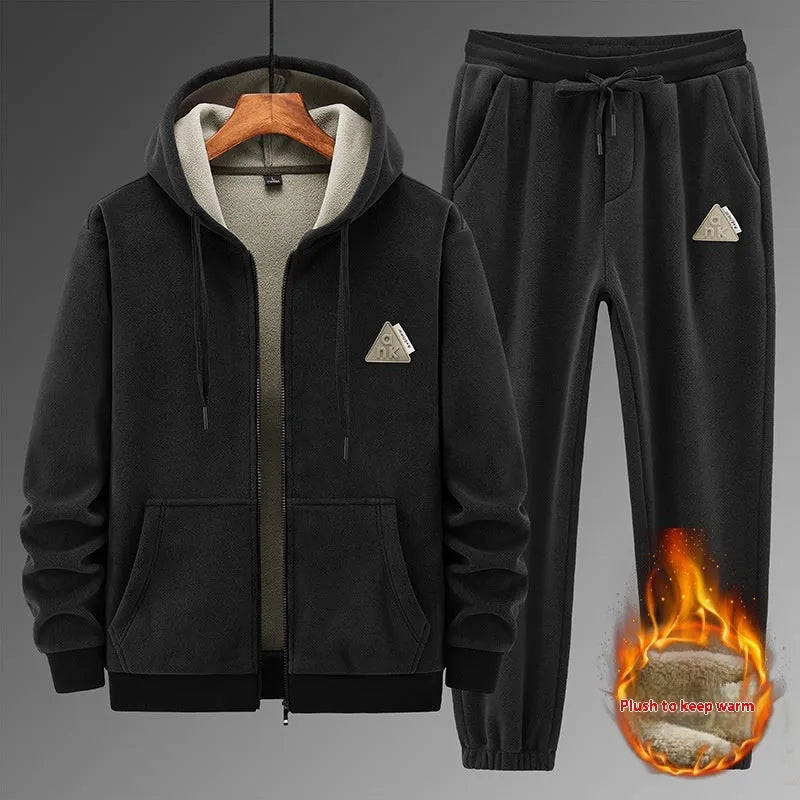 Men's grey polyester sports suit with hooded sweater and matching trousers