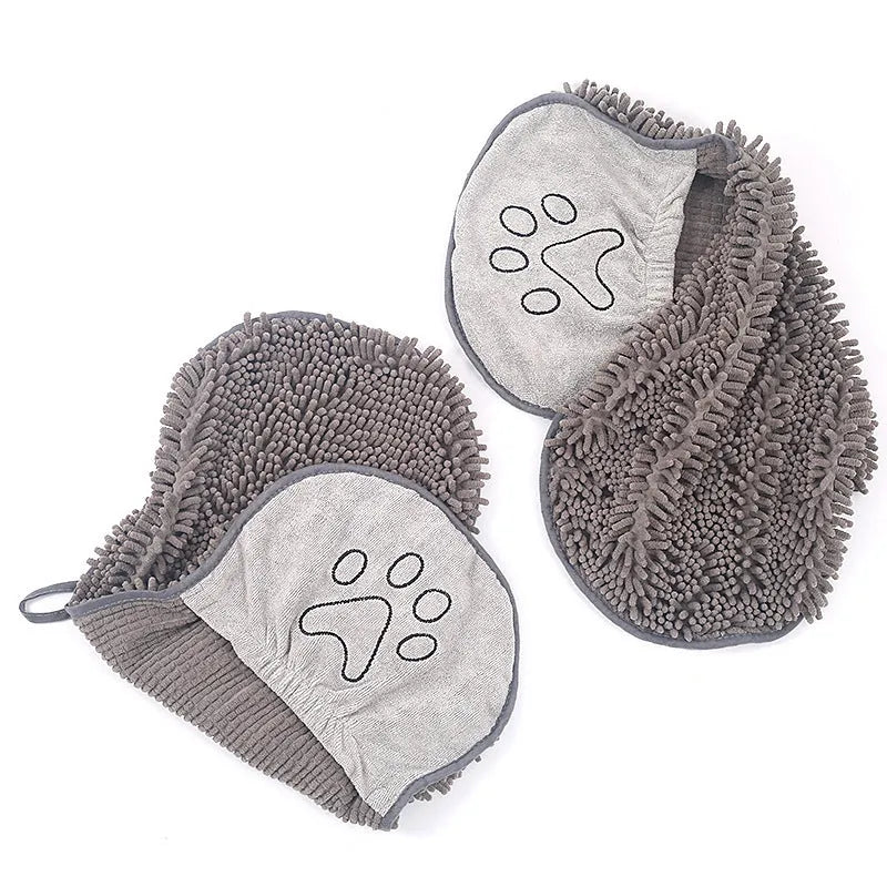 Grey pet scrubbing towel glove made of absorbent fibre, 35x80cm size, for cats and dogs