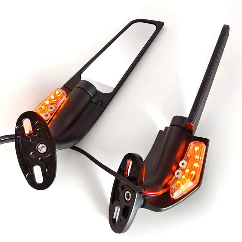 Pair of die-cast aluminium motorcycle spoiler rearview mirrors with integrated yellow safety lights.