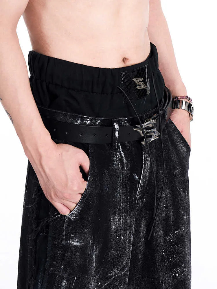 Black two-layer cowhide leather men's belt with metal letter buckle, 110cm long