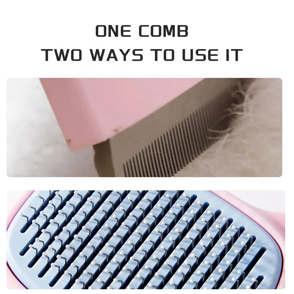 Blue and green double-sided pet grooming brush with deshedding rake and dematting comb on a white background.