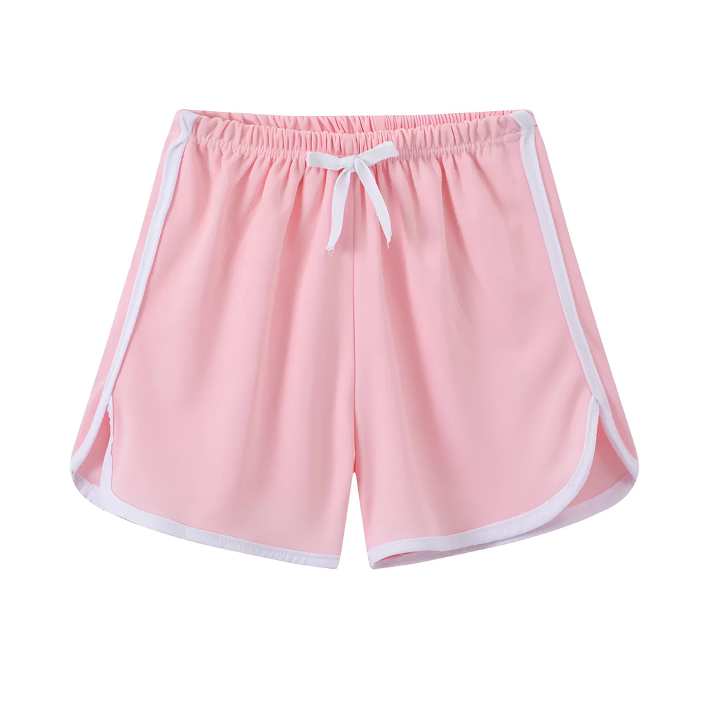 Children's colourful polyester shorts with elastic waistband, showing patterns like stripes, pineapples, and kittens.