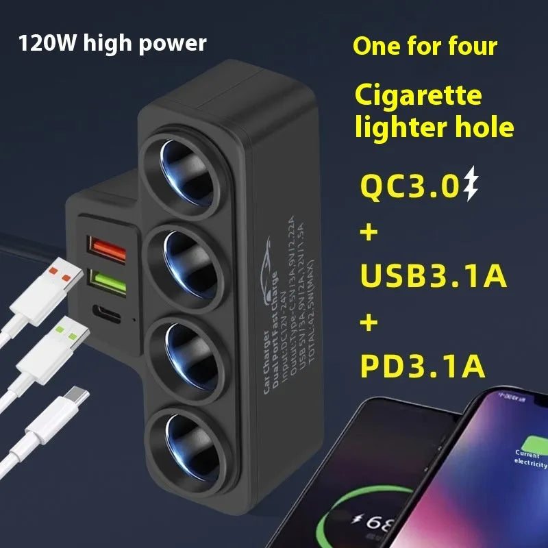 Car-mounted multi-function fast charging cigarette lighter with dual USB PD ports