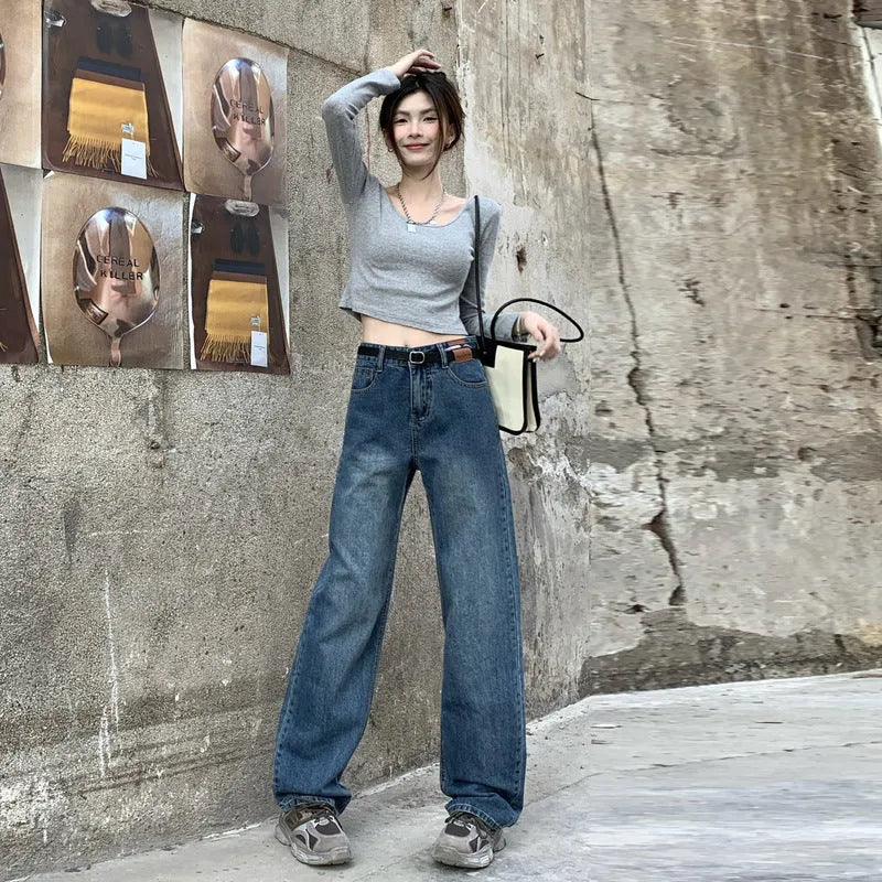 Women's retro blue straight leg jeans with high waist design in medium weight cotton denim