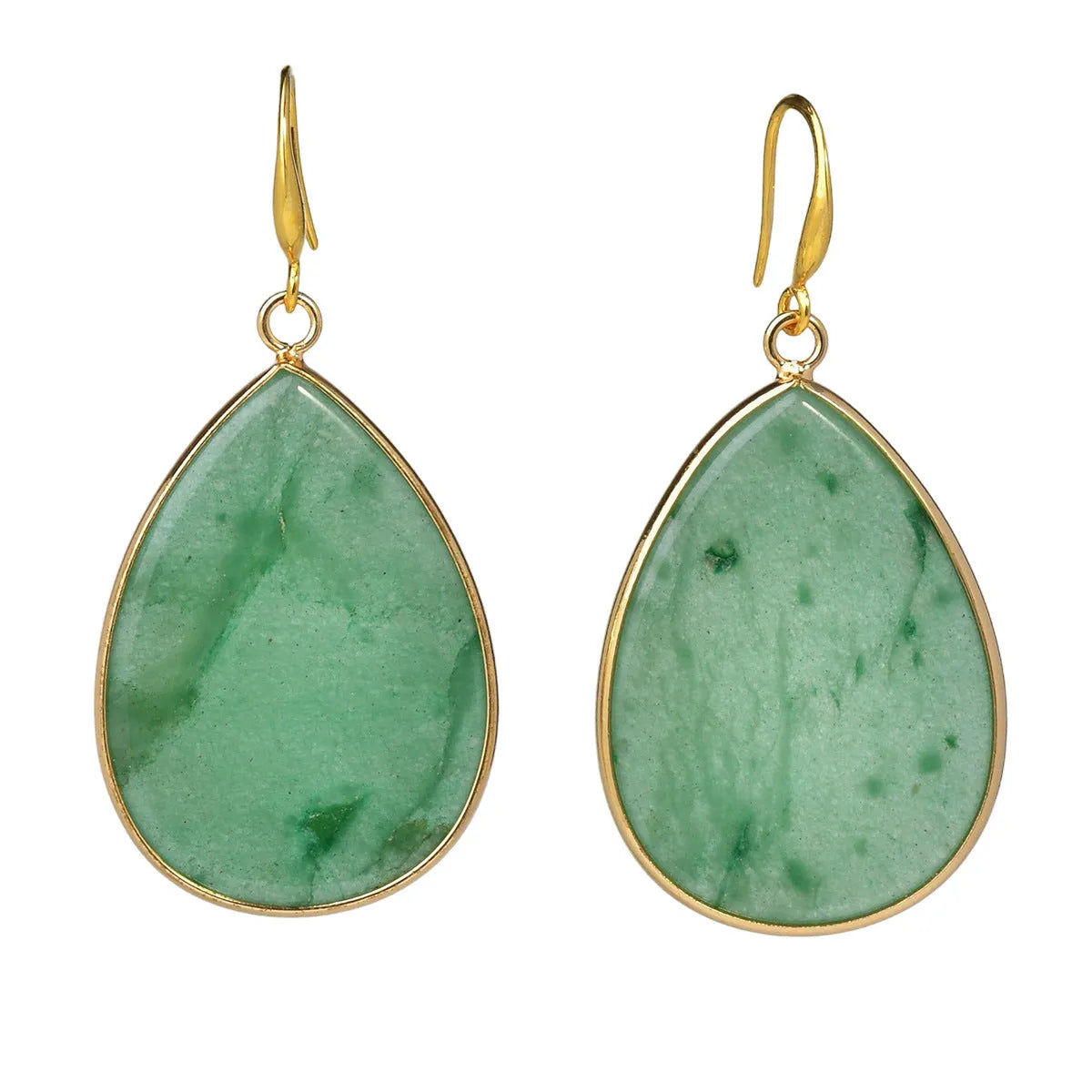 Women's silver-toned drop pendant earrings with a green aventurine stone, showing retro design and electroplated setting.