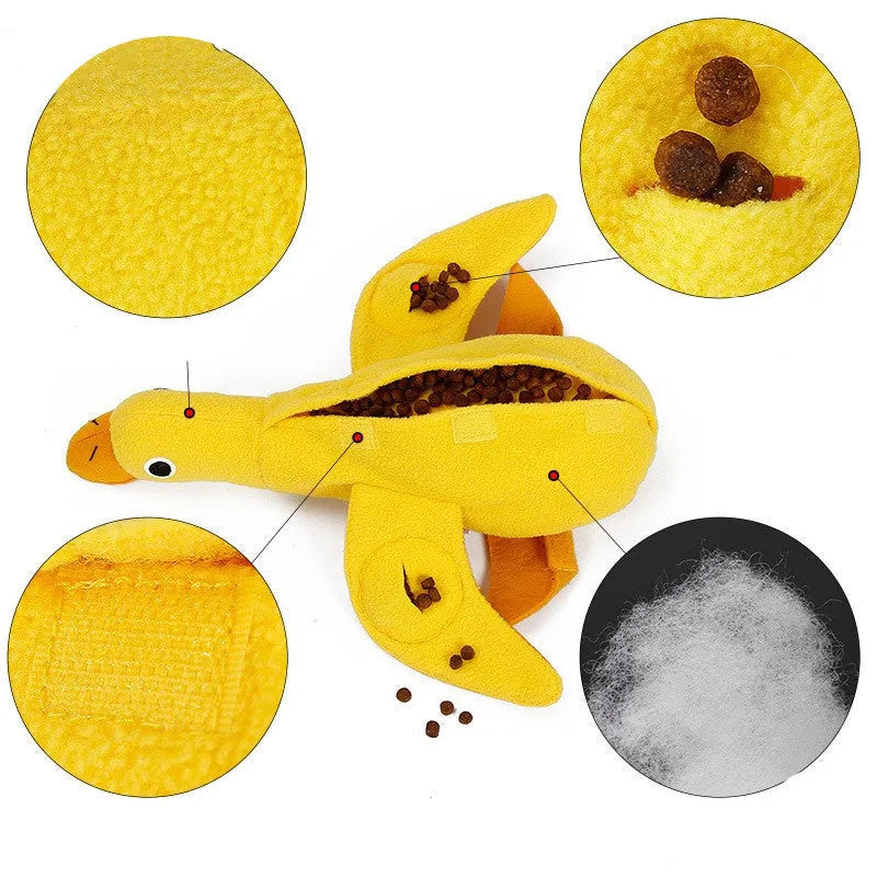 Yellow teddy-shaped rubber dog toy with squeaker duck sound and food leak holes