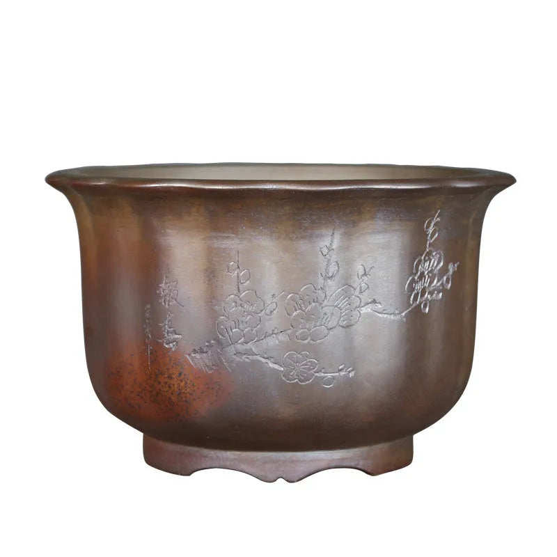 Antique carved purple sand ceramic flowerpot in S1696 firewood colour for indoor bonsai displays