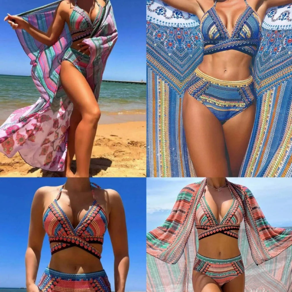 Women's three-piece bikini swimsuit set showing cross bandage top, high-waist bottoms, and split-side veil cover-up