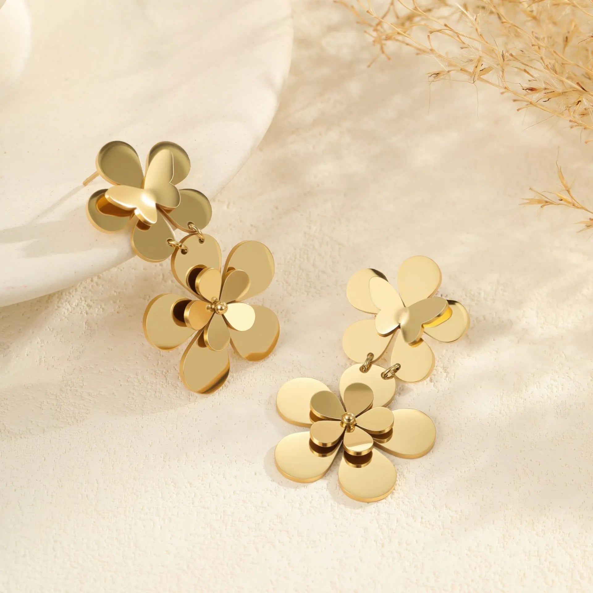 Gold butterfly earrings with floral design for women, stainless steel with 18K electroplating