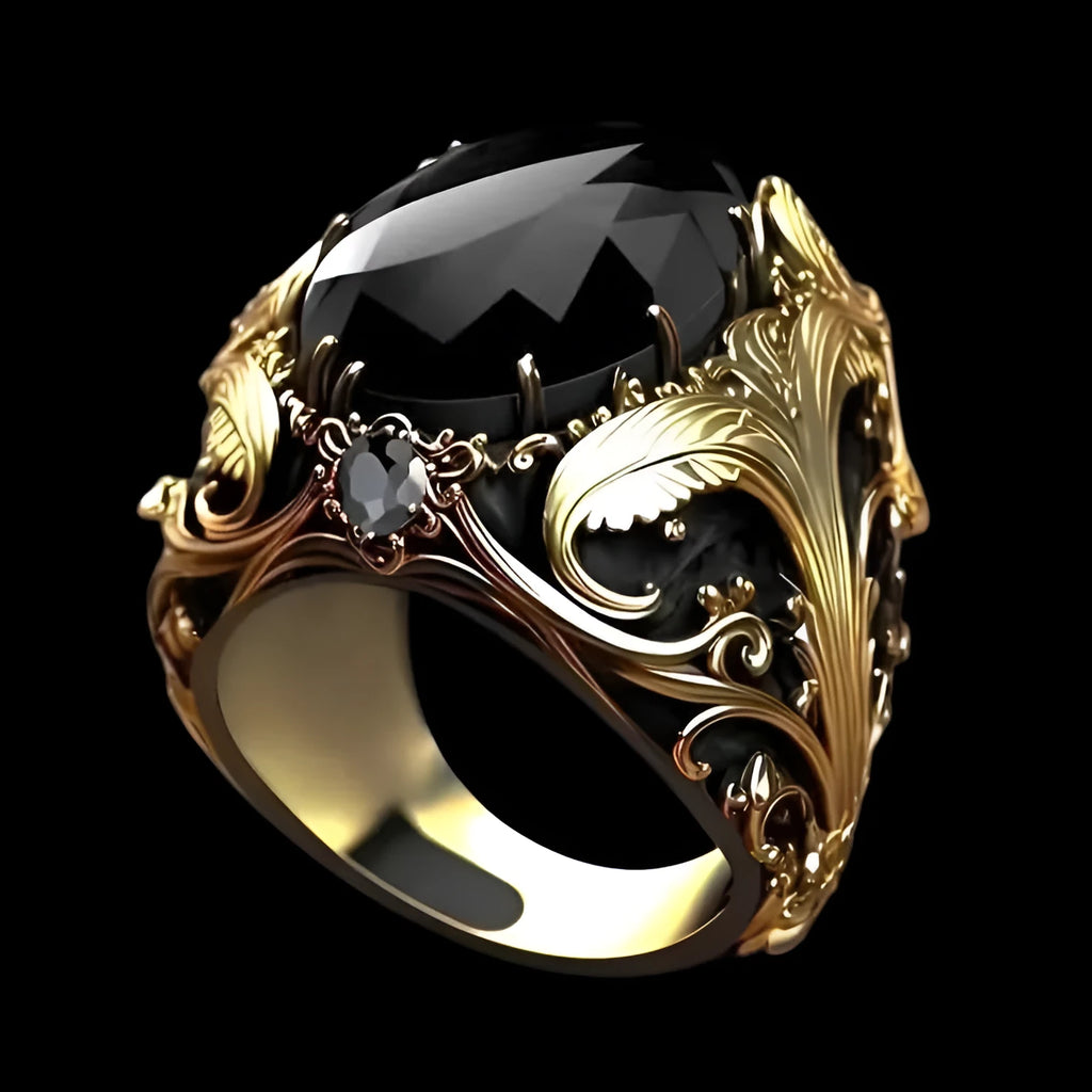 Silver men's wide ring with geometric pattern and dark blue imitation gemstone