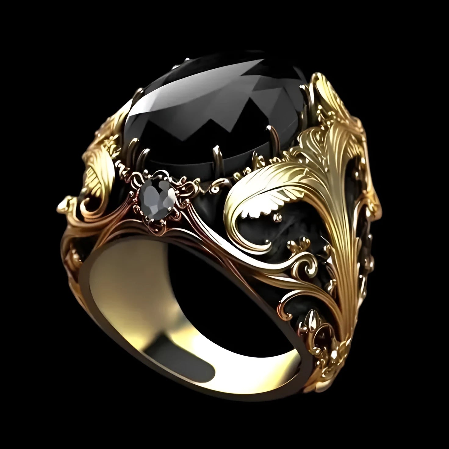 Silver men's wide ring with geometric pattern and dark blue imitation gemstone
