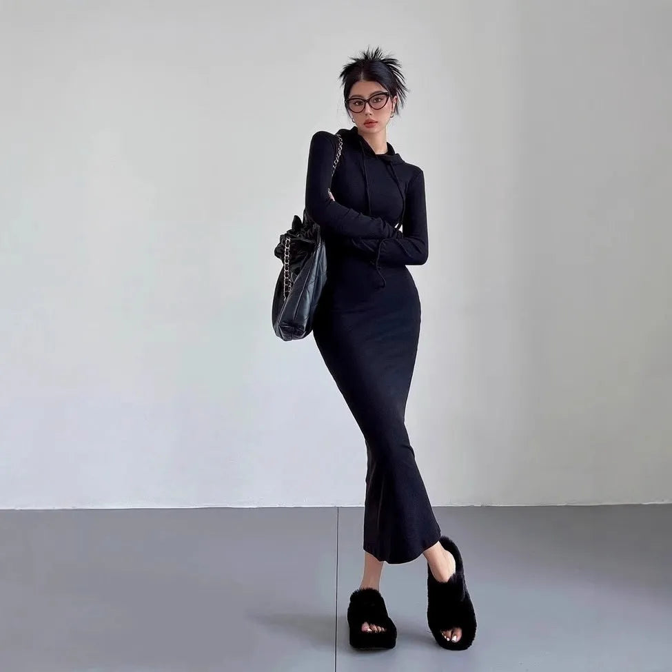 Women's long sleeve hooded sheath dress in light grey, a pullover style with a high waist.