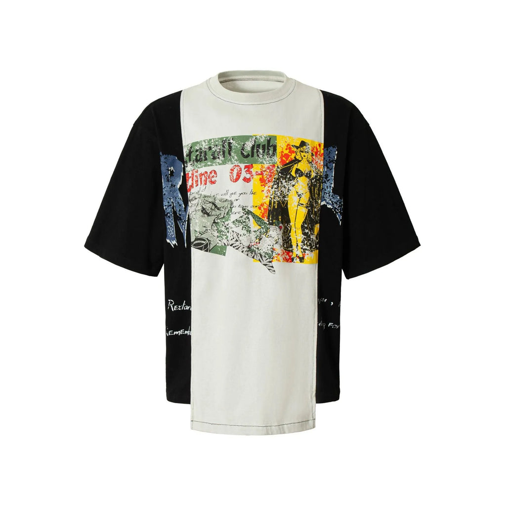Men's black and white deconstruction collage print loose fit cotton blend T-shirt short sleeve streetwear