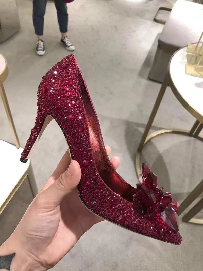 Gold and silver women's pointed toe high heels with rhinestone and sequin decoration