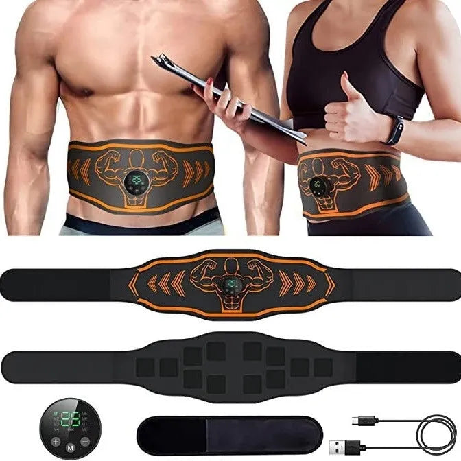 Smart EMS massage belt with adjustable strap and control unit in blue colour