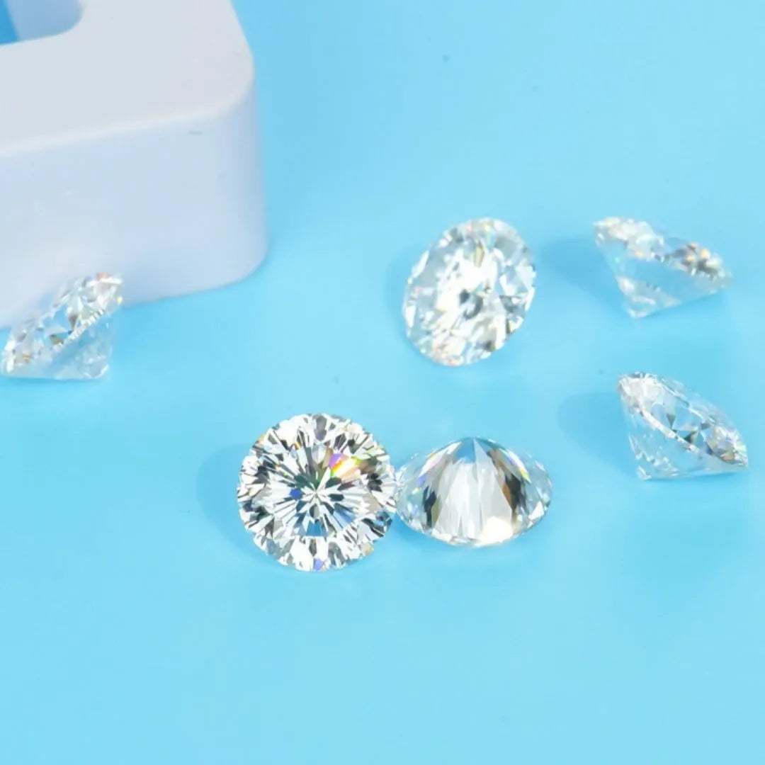 Round moissanite loose gemstone with eight hearts and eight arrows cut on a dark surface
