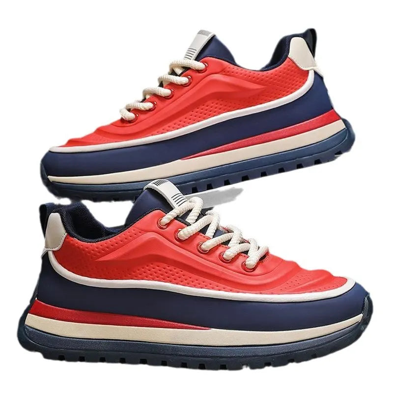 Men's leather platform dad shoes in grey with mid heel and rubber sole, lightweight casual design