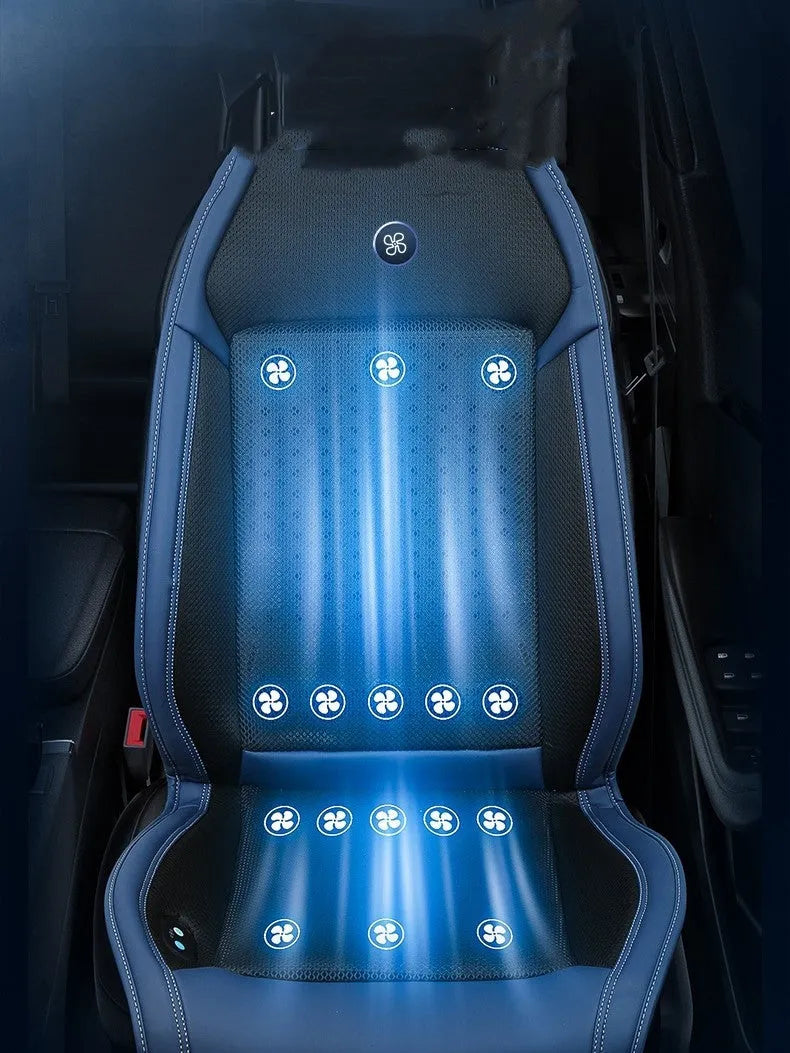 Car cooling seat cushion with ventilation fan in black colour on driver's seat with 12V power connection