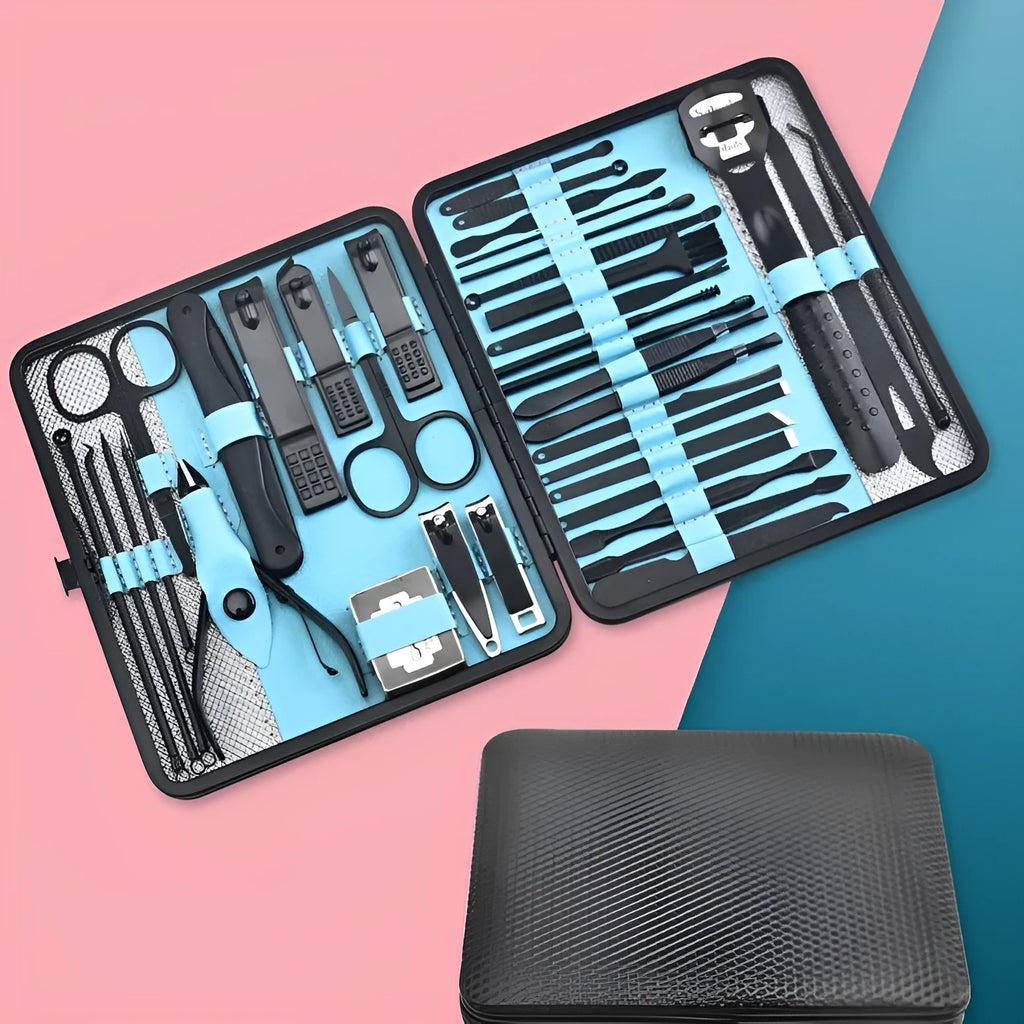 Red 36-piece manicure nail care kit with stainless steel tools in a PU leather case
