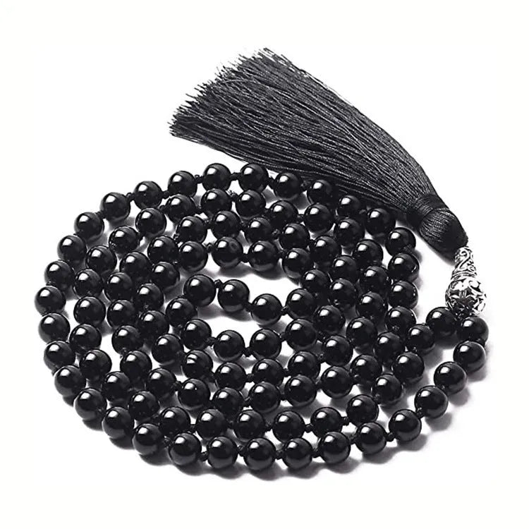 Long unisex agate and amethyst tassel necklace with blue stone pattern, measuring 95-100cm.