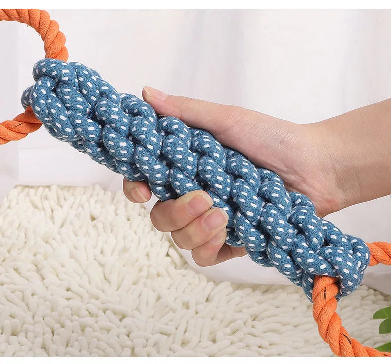Blue double-ring cotton knot dog toy on white background, 37cm long