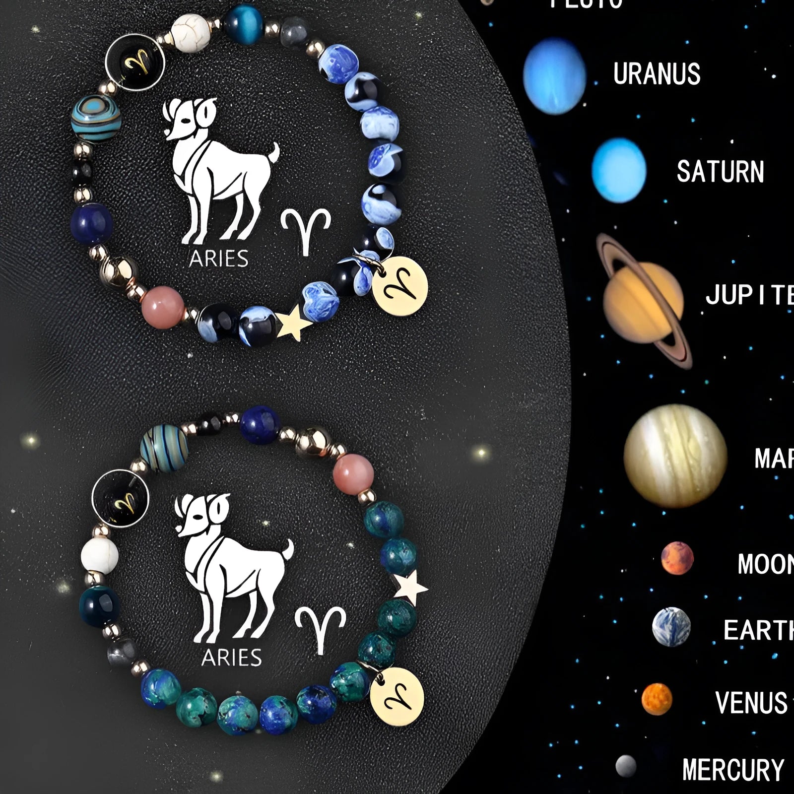 Two natural stone beaded bracelets with zodiac charms on a table, showing adjustable clasps.