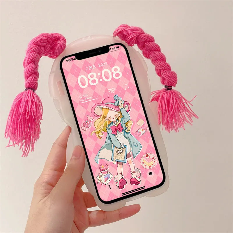Pink and green silicone iPhone case with cartoon braid swimsuit girl summer design
