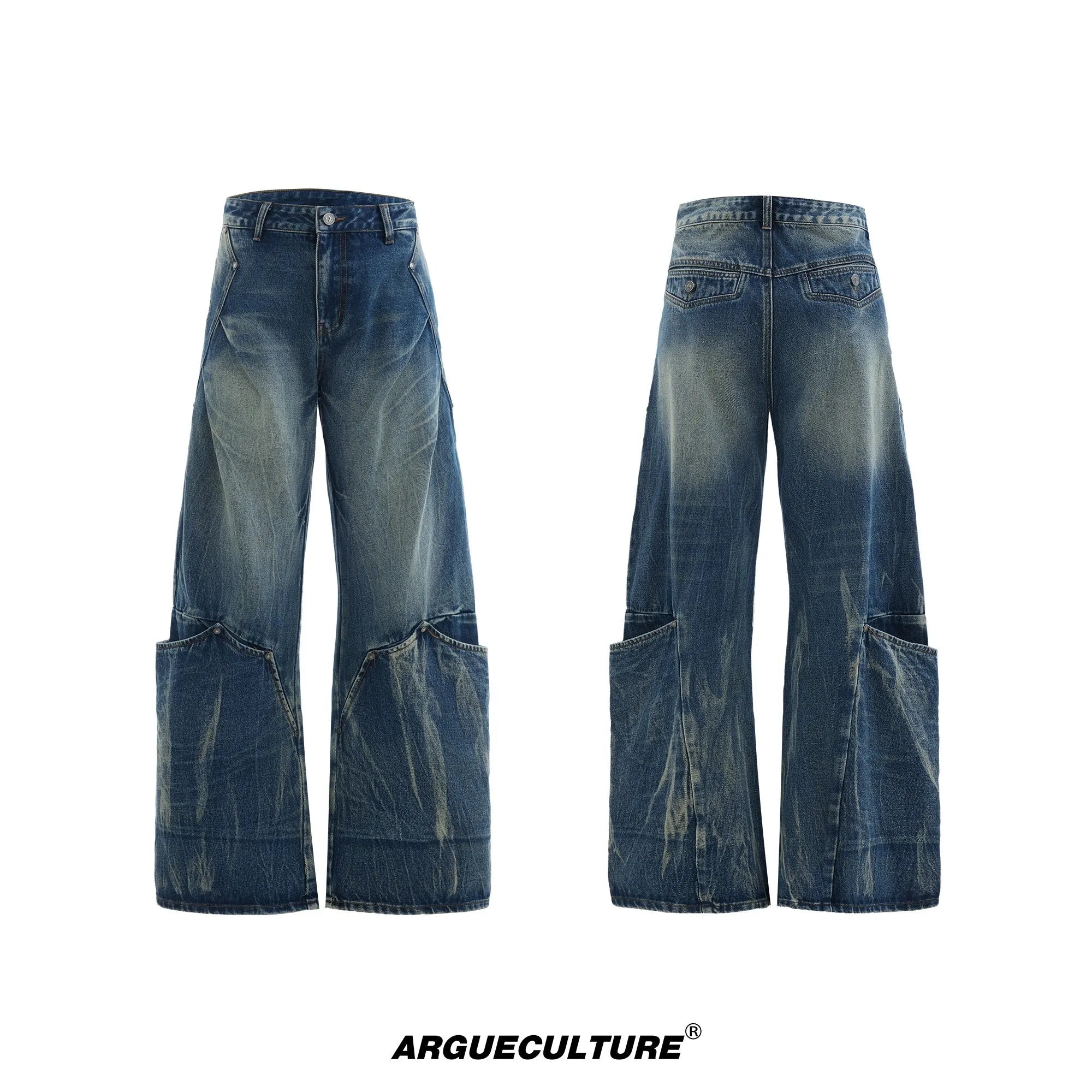 Men's verdant blue jeans with retro washed burst pattern and curved knife style loose fit design