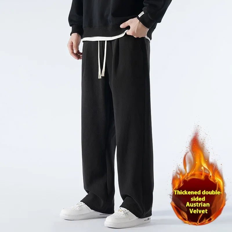 Men's apricot fleece-lined loose sports casual pants with drawstring waist