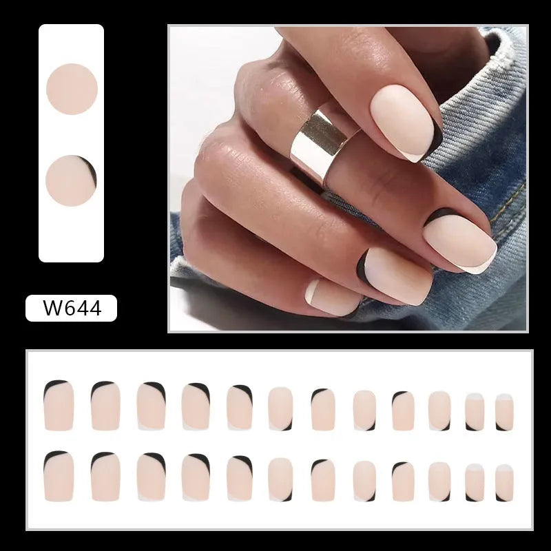 Black and white frosted artificial nails with French-style tips in plastic wearable set
