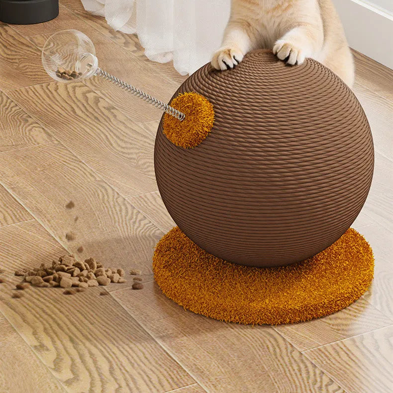 Cat scratching post with interactive tumbler toy made from natural hemp rope in large and small size options