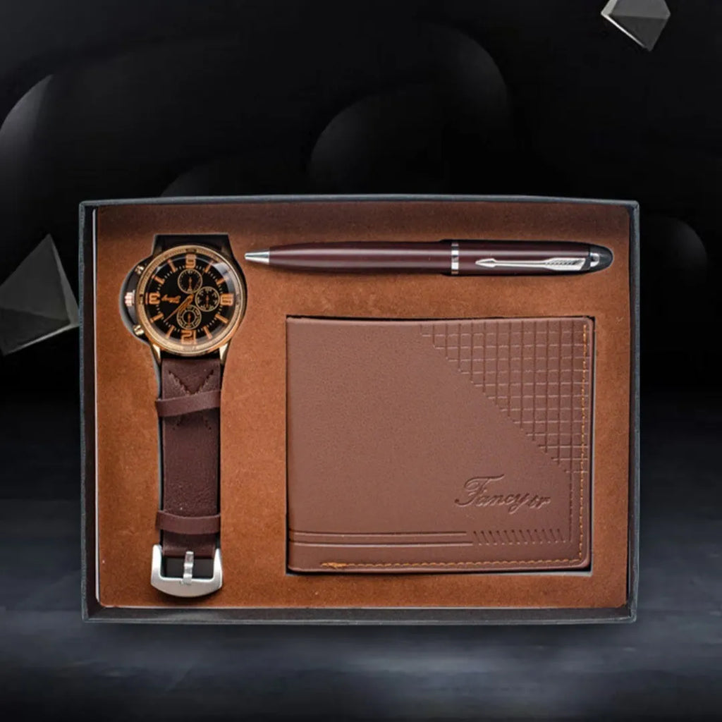 Creative holiday gift set showing wallet, pen, and watch in elegant gift box in black or brown colour