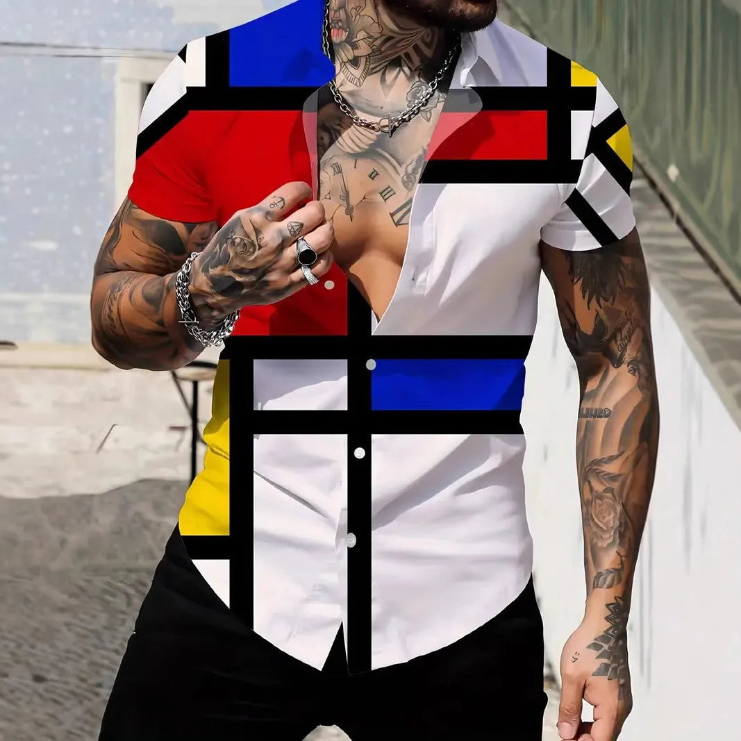 Men's slim fit short sleeve shirt with geometric line printing on lapel in polyester fabric