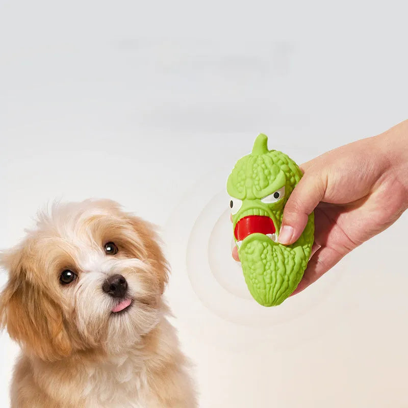 Bitter melon and chilli shaped dog chew toys with textured surfaces for teeth cleaning