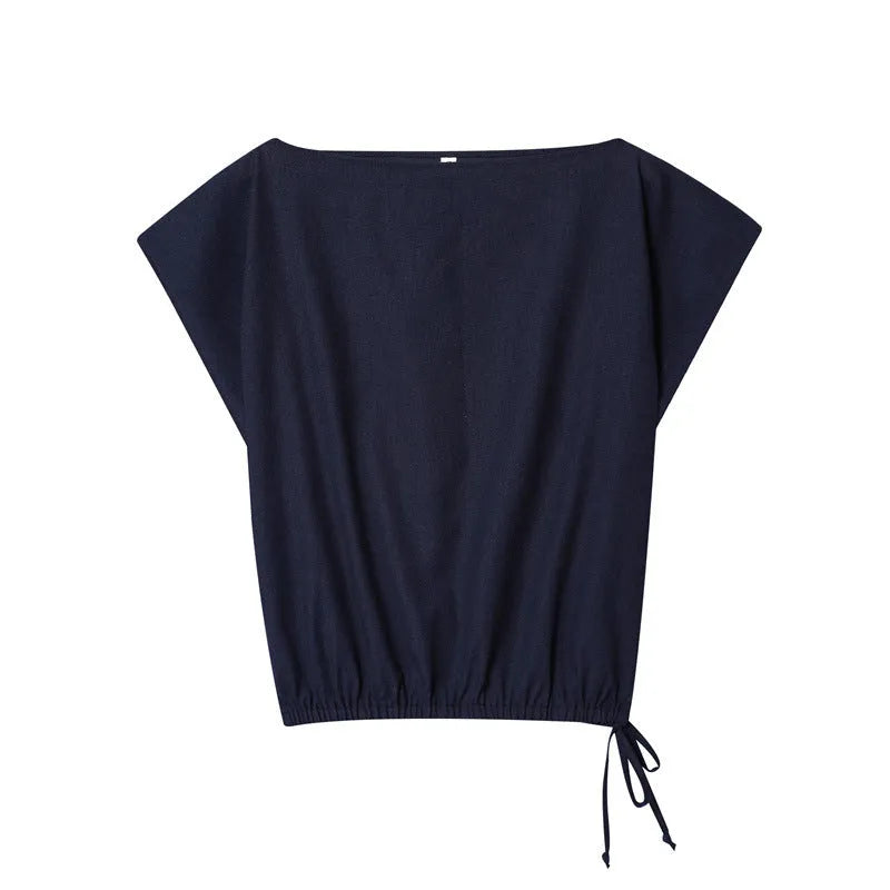 Women's off-neck linen-style shirt with flounced sleeves and matching wide-leg trousers, a two-piece set for office wear.