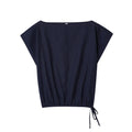 Women's off-neck linen-style shirt with flounced sleeves and matching wide-leg trousers, a two-piece set for office wear.
