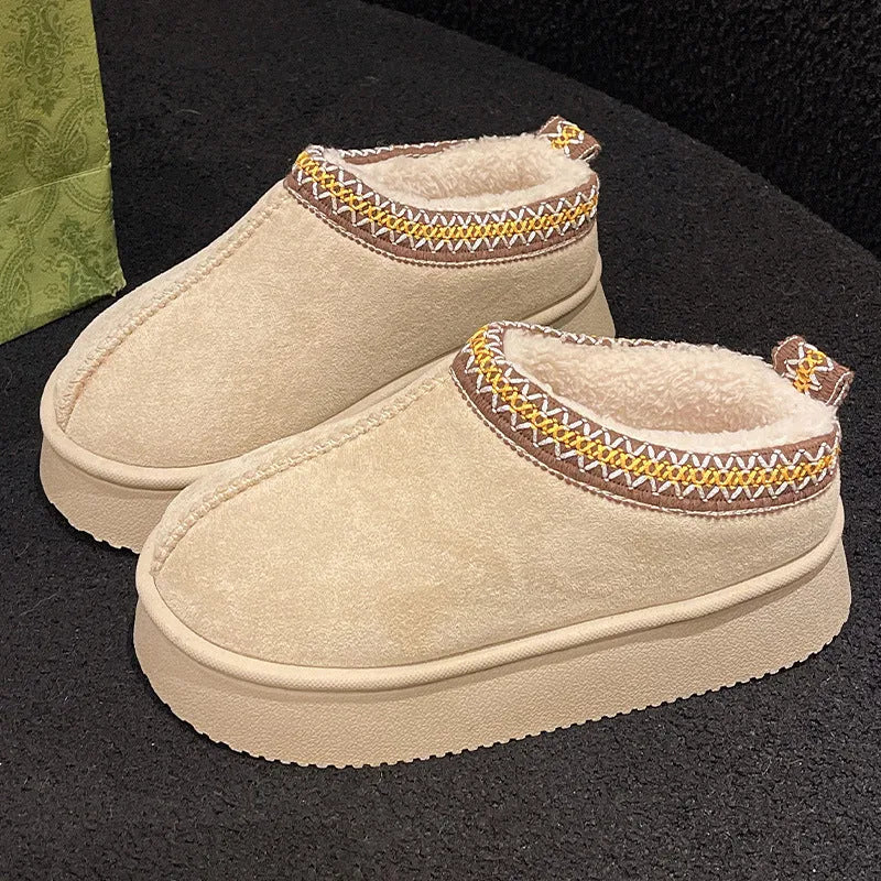 Women's suede cotton bag heel slippers in beige, warm indoor footwear for autumn winter with PVC sole