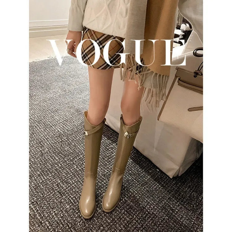 First layer cowhide below the knee boots with low heel and back zipper in black