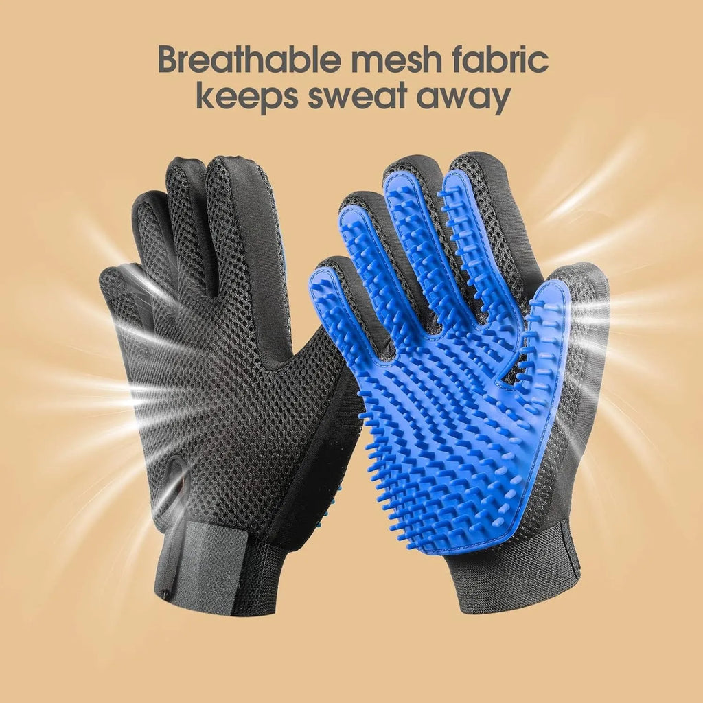 Blue pet grooming gloves with silicone tips for dog washing and cat hair removal