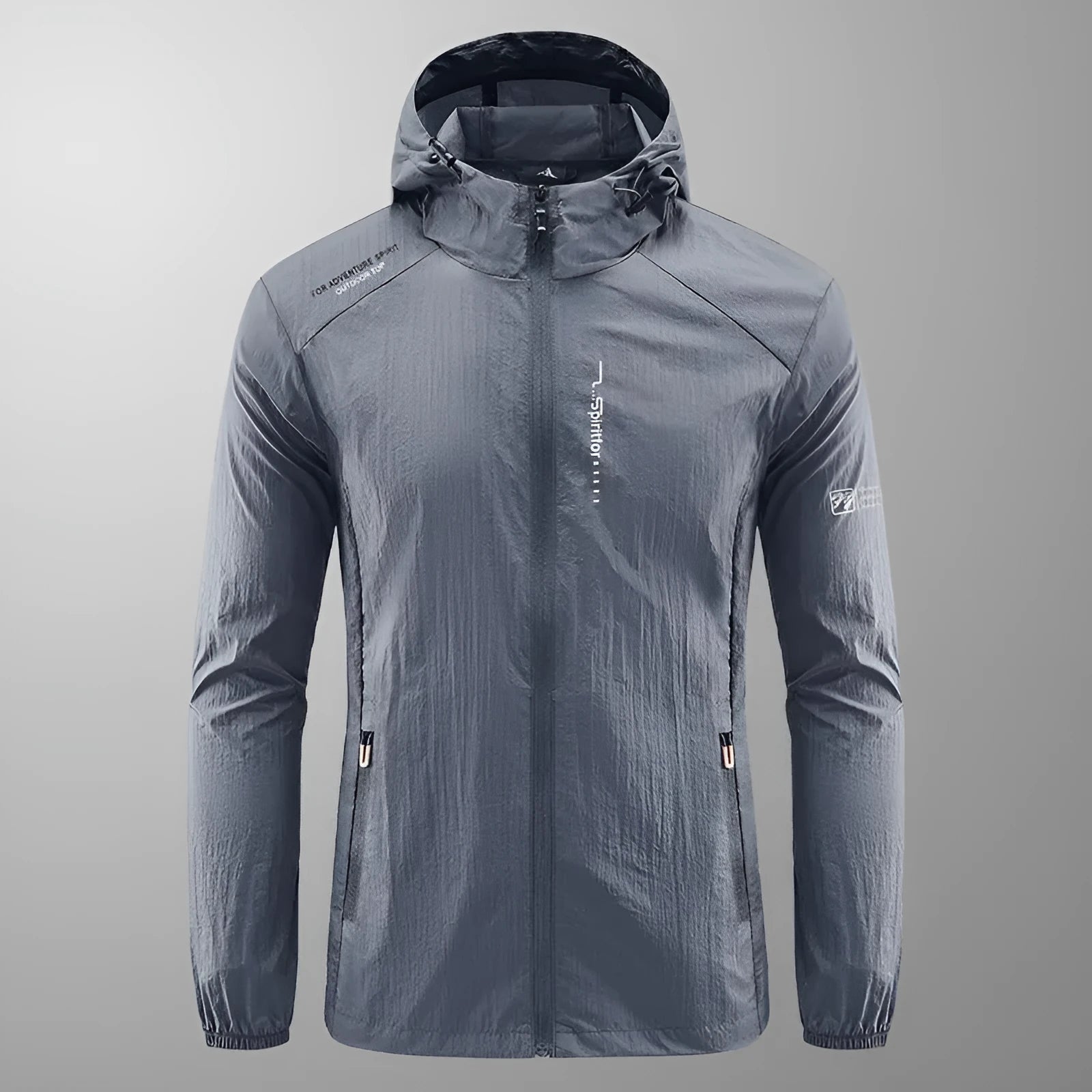 Man wearing a lightweight grey hooded nylon summer jacket for sun protection.