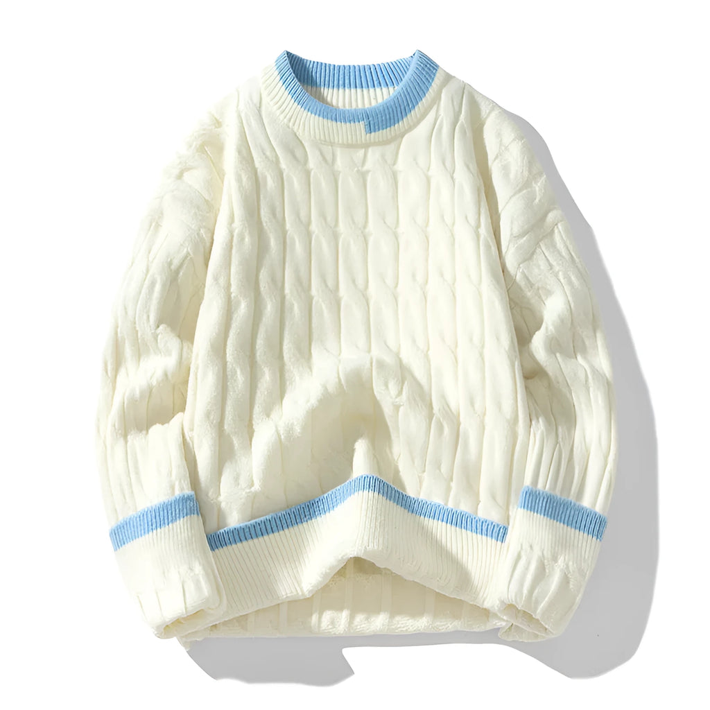 Men's loose fit grey acrylic and modal pullover sweater with long sleeves on a hanger.